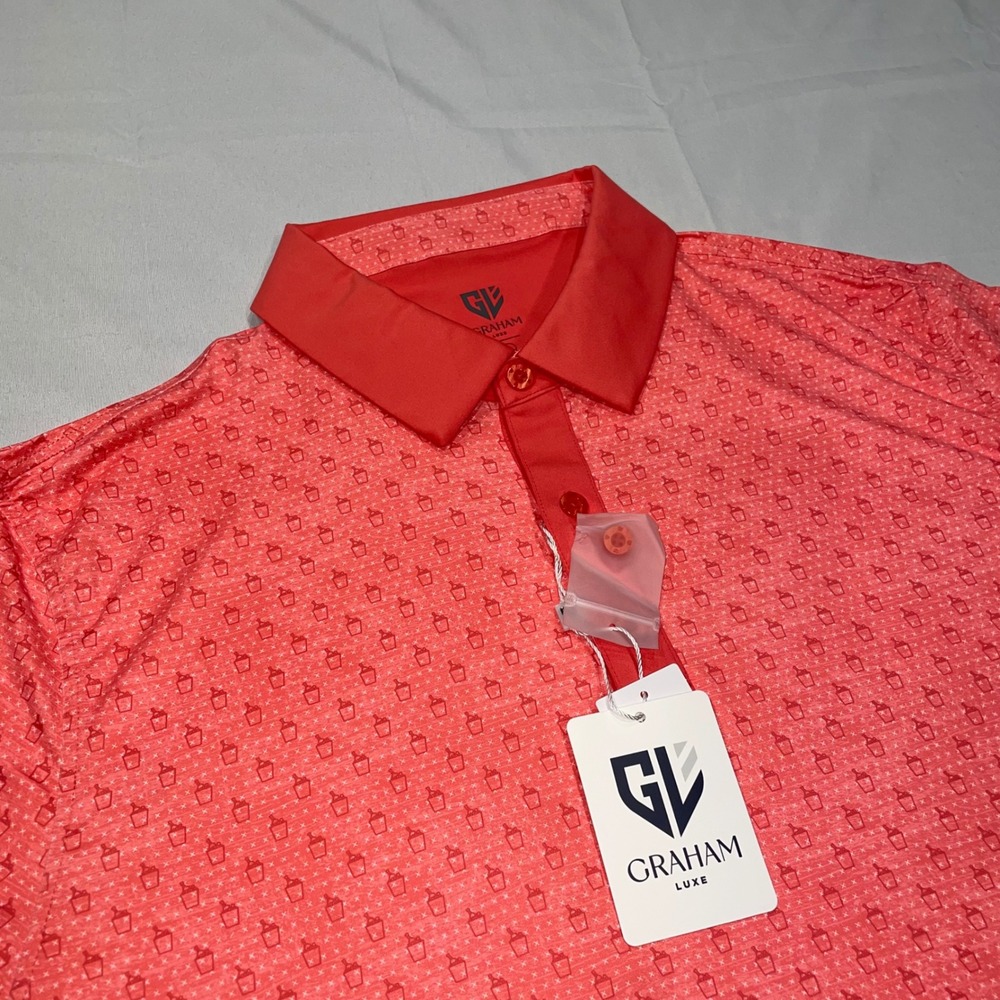 Graham Luxe Odin Mens XL Performance Golf Polo Shirt Coral Red Drink Print New